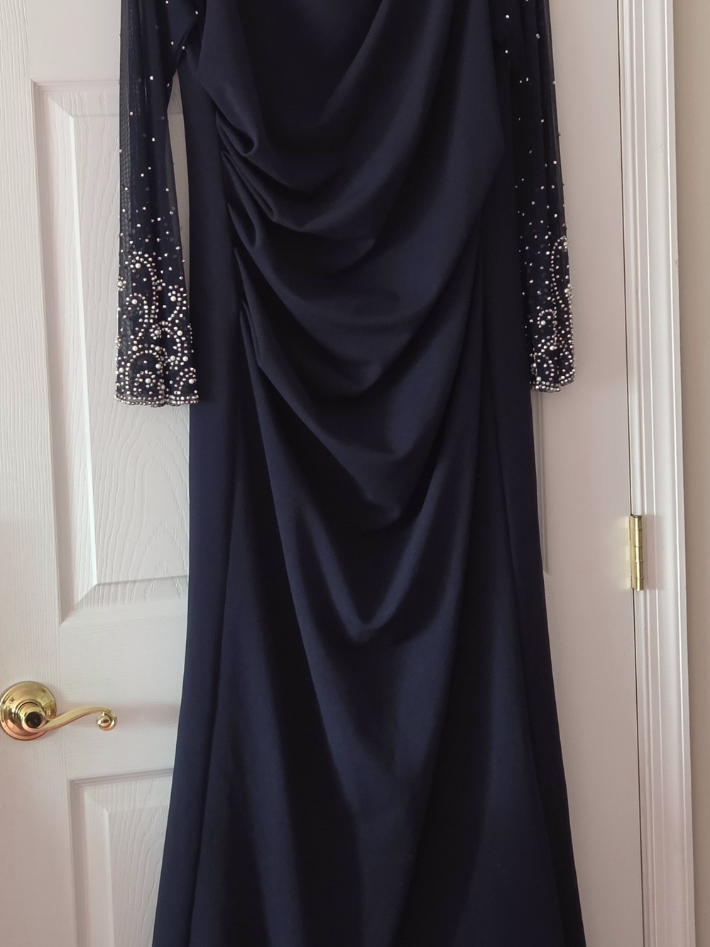 Navy Long Sleeve Evening Gown with Embellished Sleeves And Short Train